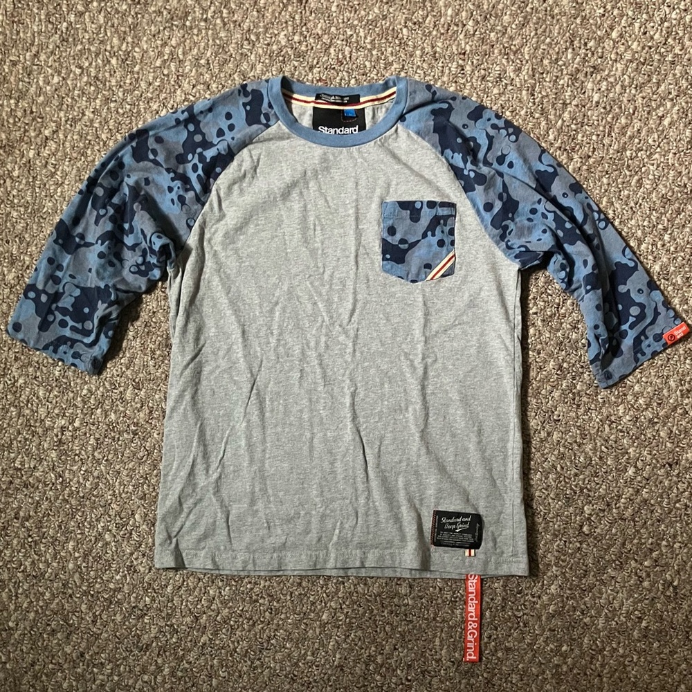 Standard & Grind Mens T-Shirt L Camo Grey Blue Pocket 3/4 Sleeves Baseball Skate